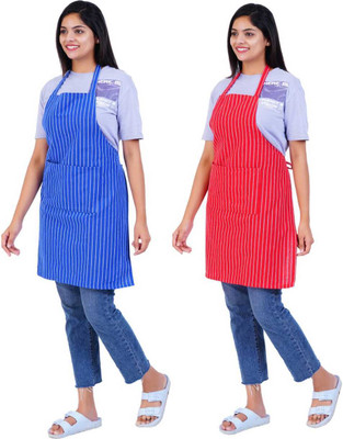 DI Home Tex Cotton Home Use Apron - Free Size(Blue, Red, Pack of 2)