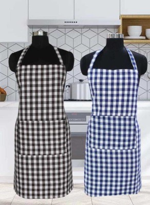 DI Home Tex Cotton Home Use Apron - XXL(Blue, Black, Pack of 2)