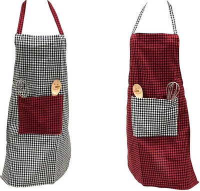 Pixel Home Cotton Home Use Apron - Free Size(Red, Black, White, Pack of 2)
