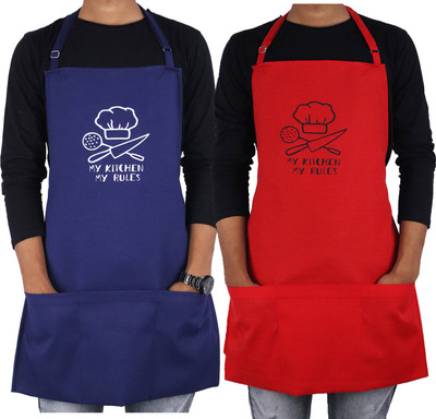 mesar Polyester Home Use Apron - Free Size(Dark Blue, Red, Pack of 2)