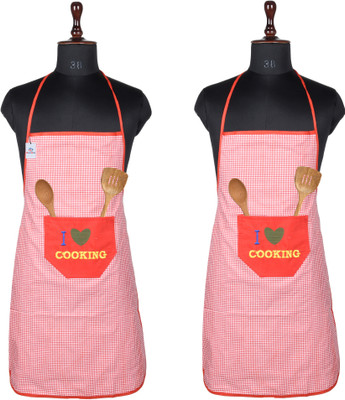 Heart Home Polyester Home Use Apron - Free Size(Red, Pack of 2)
