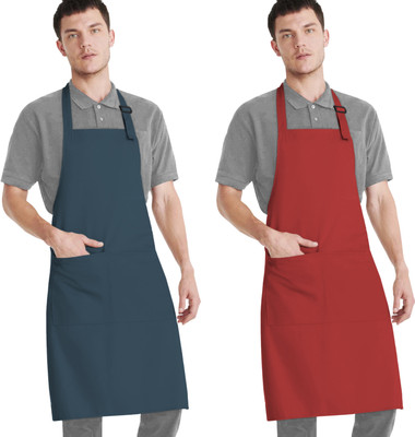 CRASOME Polyester Home Use Apron - Free Size(Blue, Red, Pack of 2)