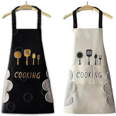 DHARMDHARMI Polyester, PVC, Velvet Chef's Apron - Free Size(Black, White, Pack of 2)