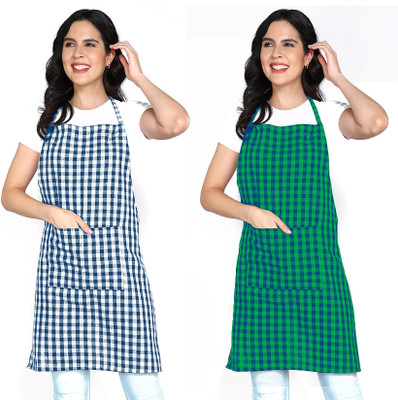 Feather Green Cotton Home Use Apron - Free Size(Multicolor, Pack of 2)