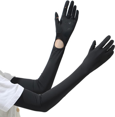PROBEROS UV Protection Arm Sleeves Nylon Ice Silk Arm Sleeves with One Piece Gloves Cycling Gloves(Carbon Black)