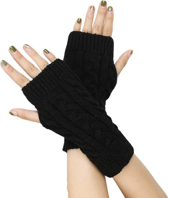 AlexVyan Knitted Woolen Warm Fingerless Gloves Winter Accessories Hand Warmer for Girls Wool Arm Warmer(Black)