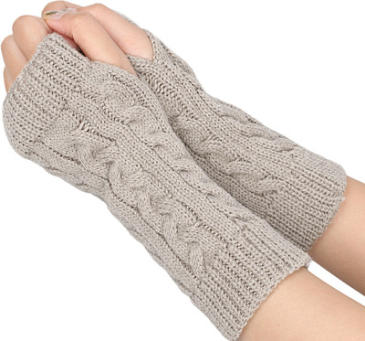 AlexVyan Knitted Woolen Warm Fingerless Gloves Winter Accessories Hand Warmer for Women Wool Arm Warmer(Grey)