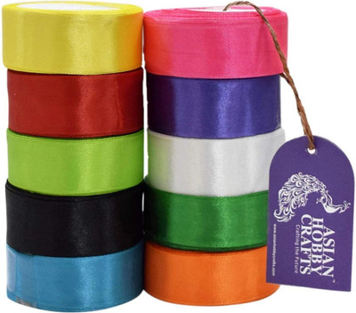 ASIAN HOBBY CRAFTS Satin Ribbon 1” Wide, Roll Length 10 Meter, Multiple Colors, Pack of 10 Rolls