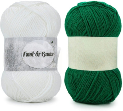Waaome White And Green Wool 200 Gram 100x2 Hand Knitting Art Craft Soft Yarn (WA45)