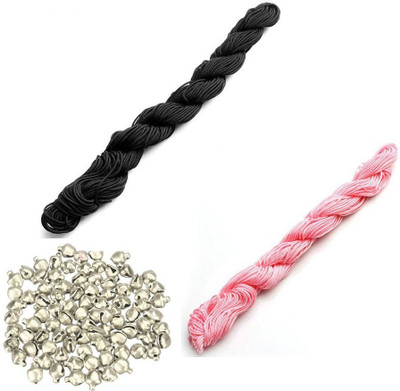 AN Sunshine Combo of jewellery findings beading Nylon Cord Thread 30 Mtr Chinese Knot Macrame Braided String Color - Black Baby Pink & 100 Silver Ghungroo / Jingle Bells