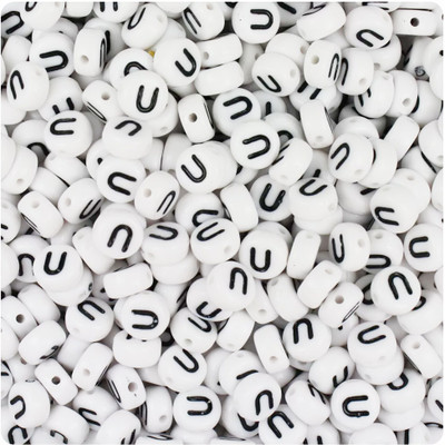 INDIKONB Alphabet Round Letter Beads – 200 White Beads with Black Letters (U)