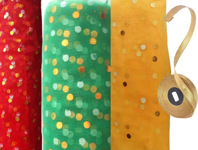 Upyukat Set of 3 Dotted Net Fabric 2 Meters Each and Golden Ribbon Roll