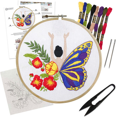Embroiderymaterial Embroidery Kit for Beginners, Featuring a Lady with flower & Butterfly Wings