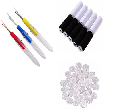 Sharum Crafts 3 Items Combo : 3 Seam Ripper, 20 White Button, 10 Black/White Spool