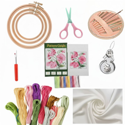 KHUSHA CREATIONS Embroidery Kit Combo with Wooden Hoops, Threads, Fabric & Tools For DIY Craft