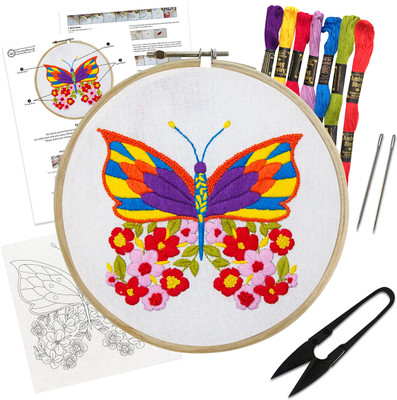 Embroiderymaterial Embroidery Kit for Beginners Adult, Featuring a Butterfly With Colourful Floral