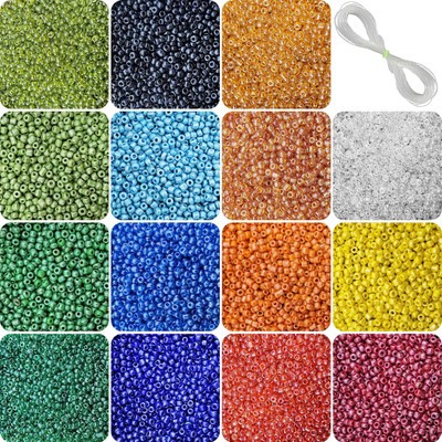 INDIKONB 15 Multicolor Glass Seed Beads Kit with Nylon Thread (3MM)
