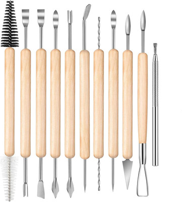 THR3E STROKES 11 Pcs Wooden Handle DIY Sculpting Knife Clay Pottery Carving/Sculpting Tool Set