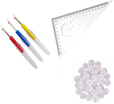Sharum Crafts 3 Items Combo : 3 Seam Ripper, 20 White Button, L Curve