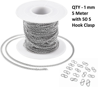 Sharum Crafts Chain for Craft DIY Making Purpose Silver Color (5 Meter, 1MM) & 50 S Hook Clasp