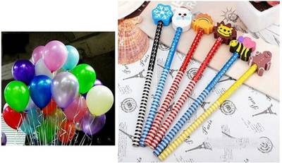 imtion { 20 Pcs multi colour balloons + 6 Pcs Cartoon Pencil with Eraser) for kids