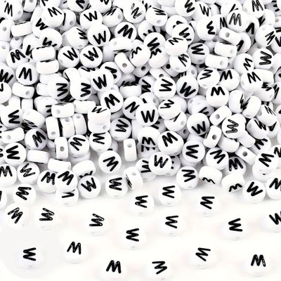 INDIKONB Alphabet Round Letter Beads – 200 White Beads with Black Letters (W)