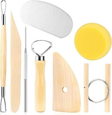 Artigo Pottery & Clay Sculpting Tools with Sponge Smooth Wooden Handles Set of 8