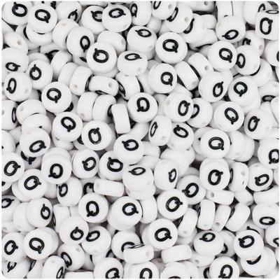 INDIKONB Alphabet Round Letter Beads – White Beads with Black Letters (Q)