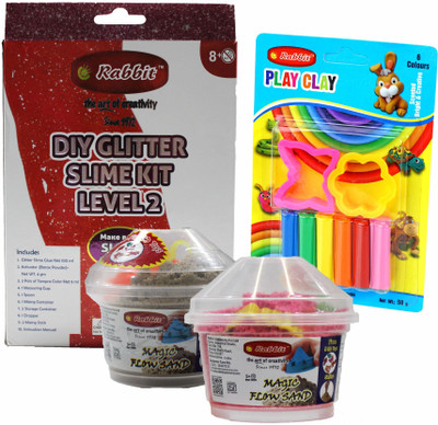 Rabbit Play Pack of 6 Color Clay Card+2 Flow Sand 100gm+DIY Glitter Slime Kit Level 2