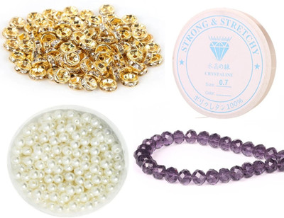 AN Sunshine Combo of Beading Elastic for Crystal & Spacer Bead Jewellery Findings Art & Craft Material 50 Spacer Beads & 6mm Round Loose Beads 100 Pcs Purple