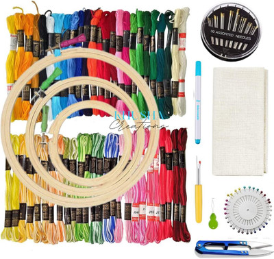 KHUSHA CREATIONS Embroidery Kit for Beginners/3 Wooden Hoops,50 Threads,Cloth, Complete Tool Set