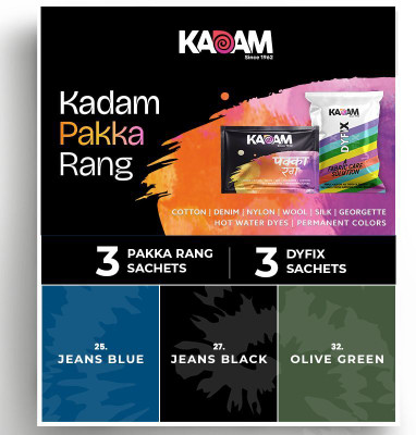 KADAM Pakka Rang |Jeans Black, Jeans Blue, Olive Green| 3 Dye Sachets, 3 DyFix Fixer