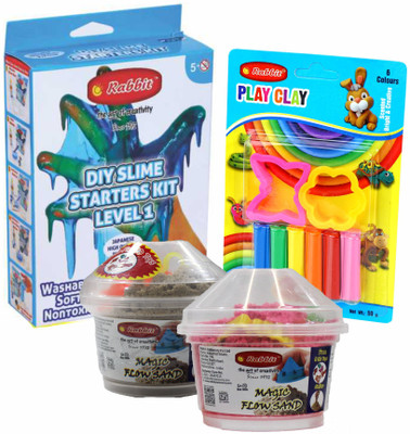 Rabbit Play Pack of 6 Color Clay Card+ 2 Sand 100gm+DIY Glitter Slime Kit Level 1