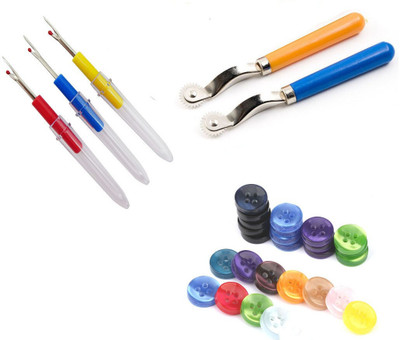 Sharum Crafts 3 Items Combo : 3 Seam Ripper, 20 Multi Button, 2 Tracing Wheel