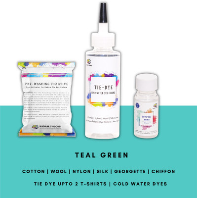 KADAM Tie Dye Teal Green, Cold Water Fabric Dye Color, 100mL Bottle with Prewashing Fixative mini and DyFix mini bottle