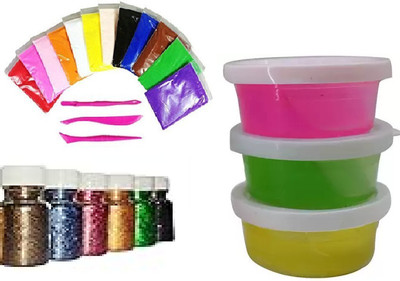 Freedy 3 Crystal Slime and 12 Air Dry Clay Non-Toxic Combo with Free Glitter