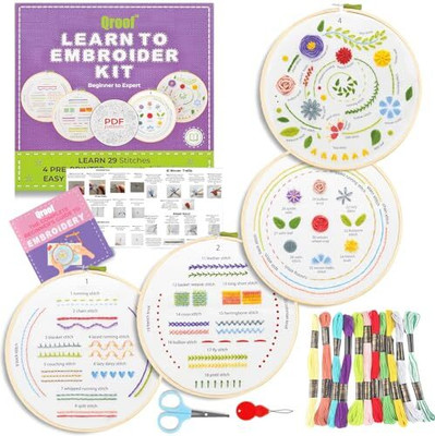 Qroof Diy Beginners Embroidery Cross Stitch -4 Patterns Fabric Set, Hoop, Threads