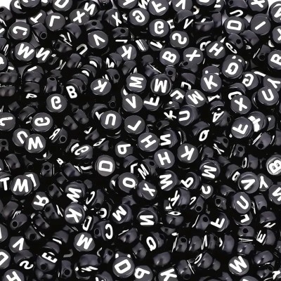 INDIKONB Round Alphabet Beads 6mm | Black White Beads for Bracelets Crafts