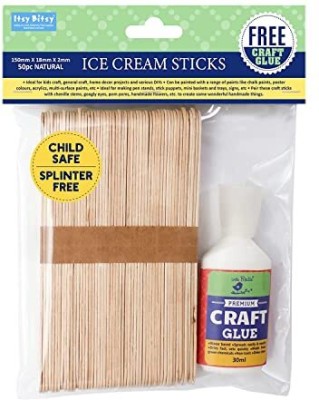 LITTLE BIRDIE Wooden Ice Cream Sticks 150 x 18 x 2mm for Craft 50 pcs with 30ml Glue