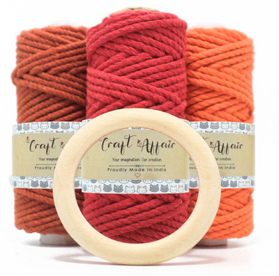 Craft Affair | 3ply Twisted Cotton Macrame Cord 3mm | With Free 7cm Wooden Ring | Pack of 15
