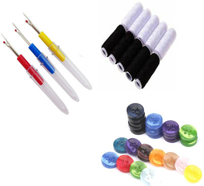 Sharum Crafts 3 Items Combo : 3 Seam Ripper, 20 Multi Button, 10 Black/White Spool