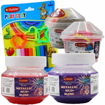 Rabbit Play Pack of 8 Color Clay Blister Card+2 Magic Flow Sand 100gm+2 Metallic Slime
