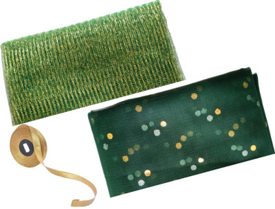 Upyukat Green Dotted and Jali Net Fabric 4 meters each with a golden ribbon roll