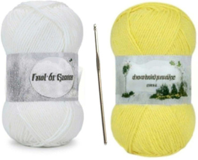 Waaome White & Yellow Wool 200 Gm 100×2 +1 Steel Kurusiya Art Knitting Yarn Thread(W92)