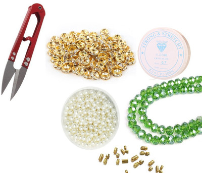 AN Sunshine Combo of Beading Elastic for Crystal Beads Free Thread Cutter Art & Craft Material 50 Spacer Beads & 6mm Round Loose Beads 120 Pcs Green AB & 20 Barrel Clasp