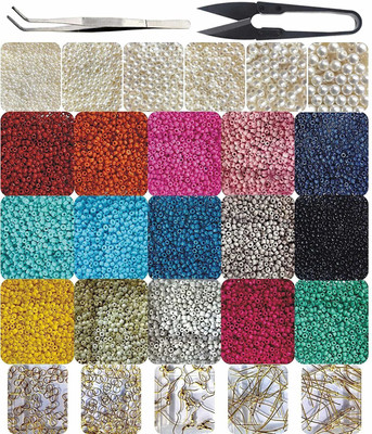 INDIKONB 32 in 1 Jewellery Making Materials Kit for Earrings , Necklace , Bracelet Jewelry Making Set for Girls and Women ( includes Opaque Neon Multicolour 8/0 3mm Glass Seed Beads - 15 Colors (appro