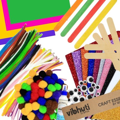 Vibhuti Crafts Craft 25-in-1 Bundle of 460+ Items with Glue Gun,PomPoms & More!