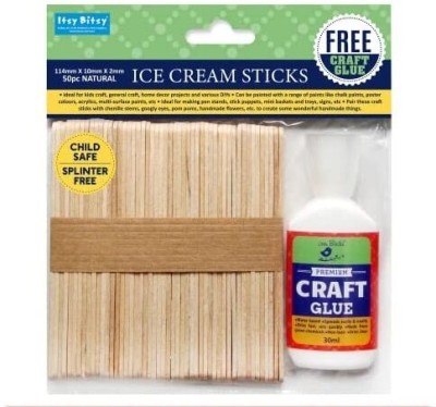 ITSY Bitsy Wooden Ice Cream Sticks 114x10x2mm for Craft 50 pcs with 30ml Glue(Pack of 2)