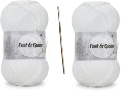 Waaome White Wool 200 Gm(100×2) + 1 Steel Kurusiya Art Craft Knitting Yarn Thread(W20)