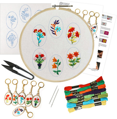 Embroiderymaterial Floral Designs Embroidery Kit For Beginners with MDF Key Rings (Oval Shape)